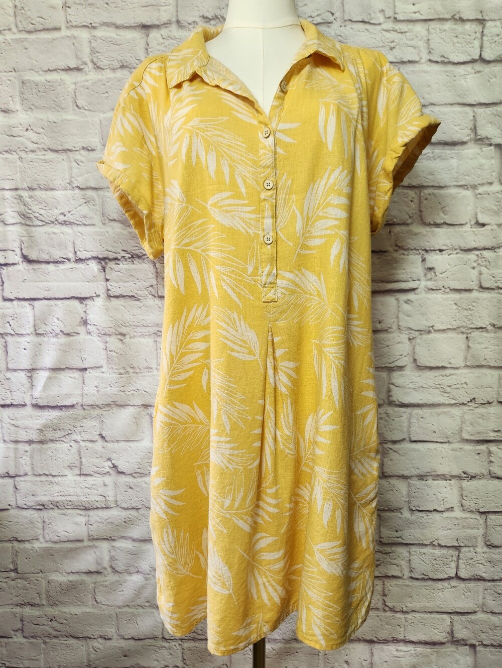 Faherty Yellow Palm Leaf Tropical Linen Blend Shirt Dress Sz Large
